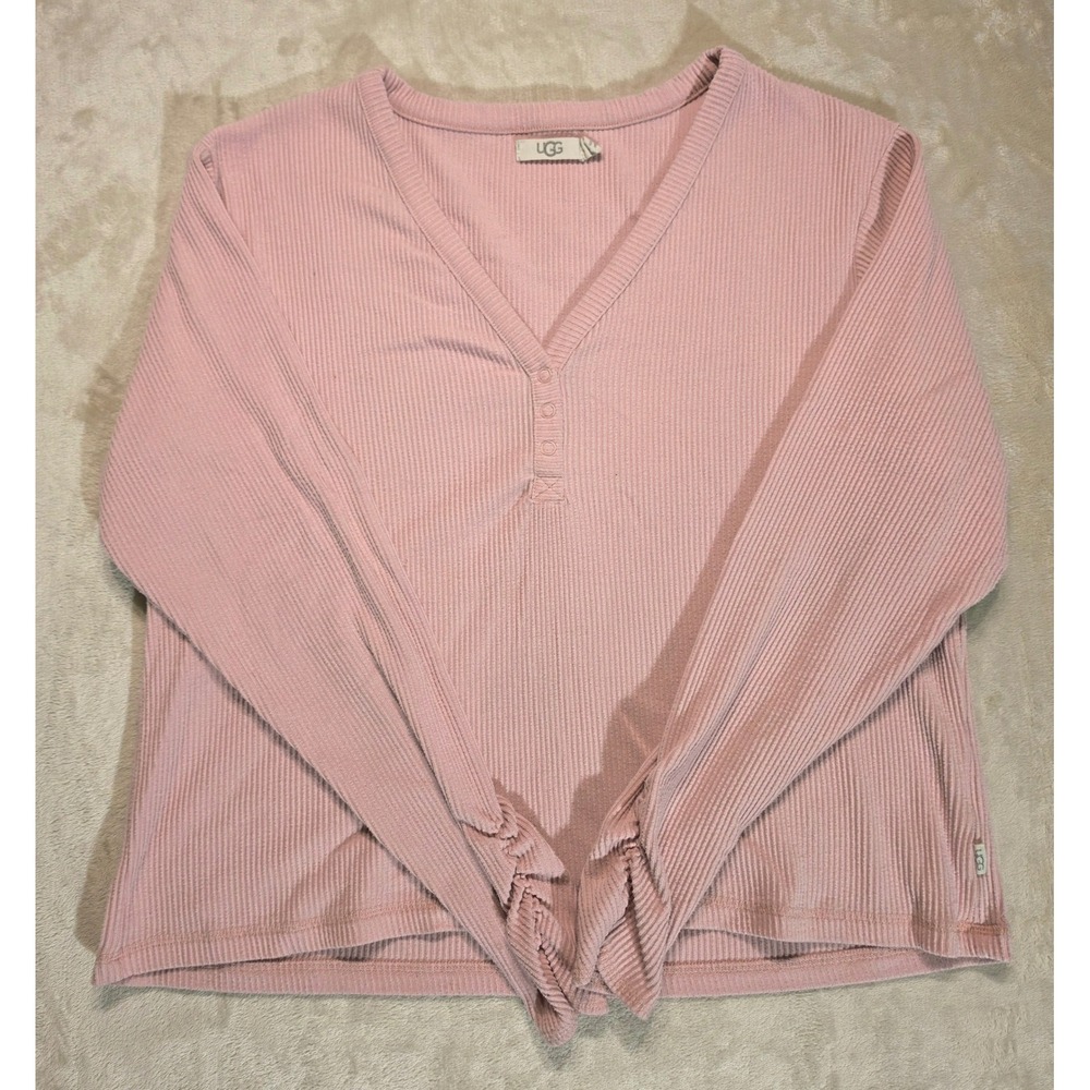 UGG Womens Pink Ribbed‎ Henley V-Neck Long Sleeve Top Size L